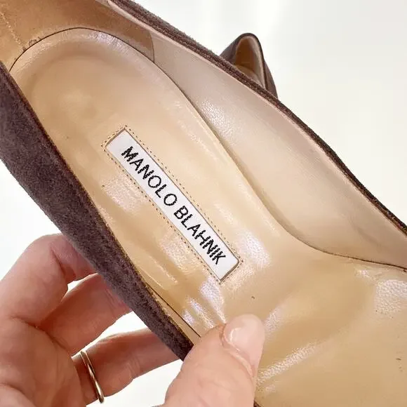 Manolo Blahnik BB Pointed Toe Suede Pumps Chocolate Brown Taupe Size 38.5 - Picture 6 of 15